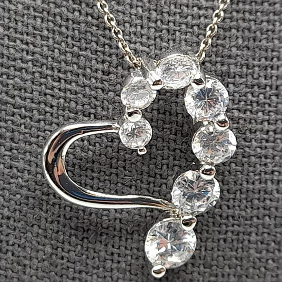 Vintage Italian Sterling Silver Heart Necklace, CZ Rhinestones, 17" - Picture 2 of 12